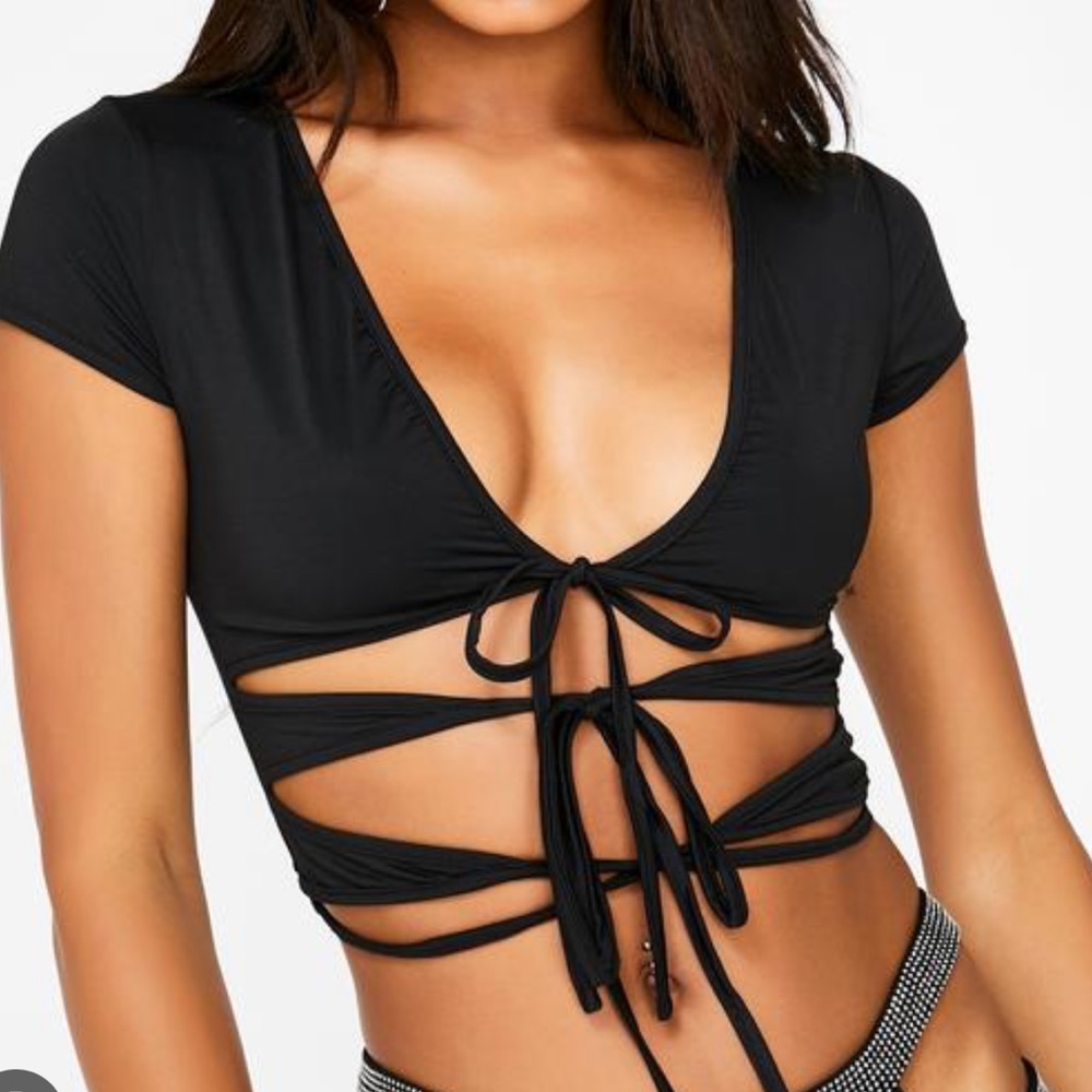 I Am Gia Greta Strappy front tie top XS black grunge sold out Bodycon y2K
